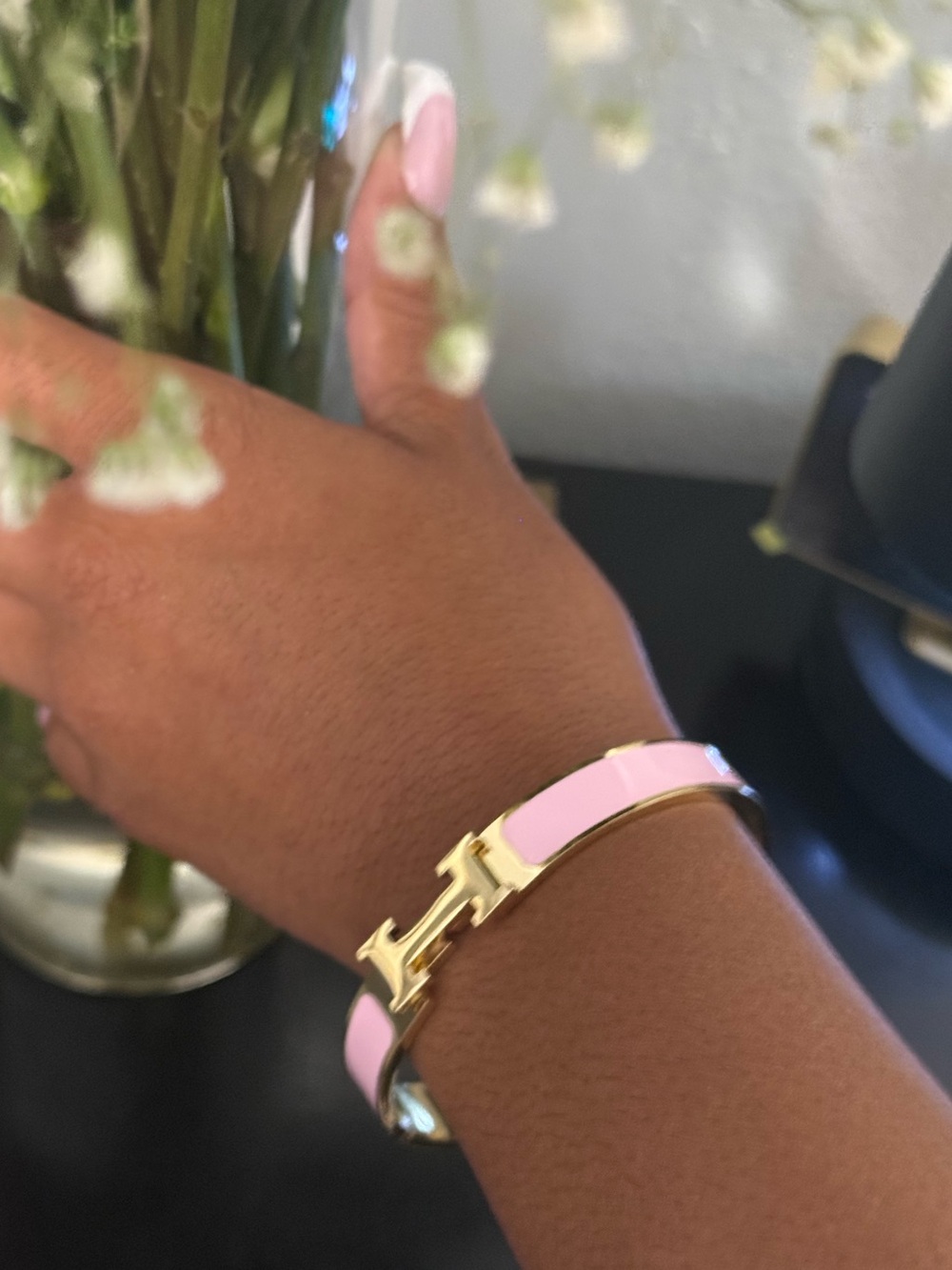 Gold-Tone Pink Enamel H Bracelet - Luxury Style Women's Bracelet - Picture 6 of 6